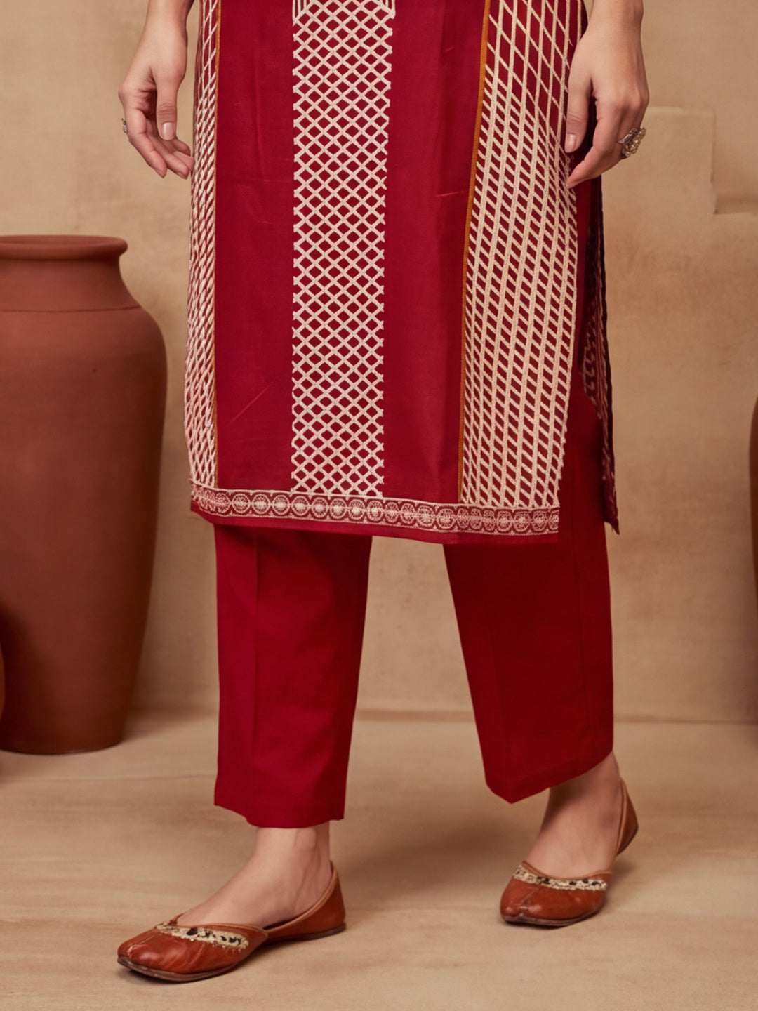 Printed Cotton Blend Round Neck Kurta & Trousers With Dupatta