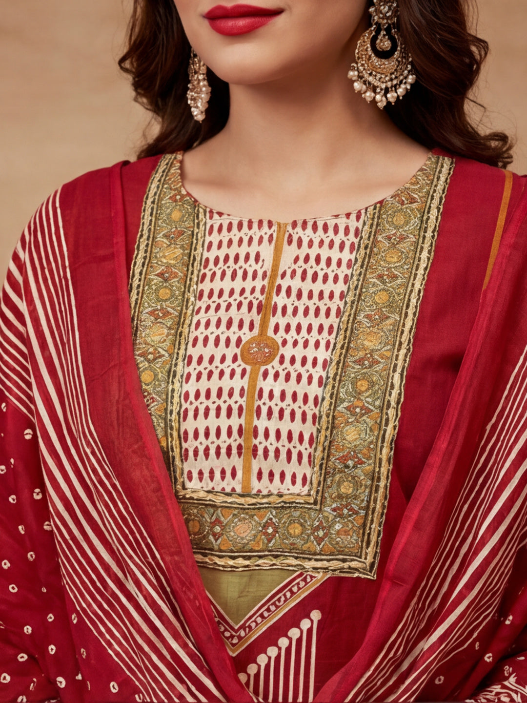 Printed Cotton Blend Round Neck Kurta & Trousers With Dupatta