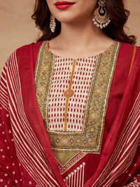 Printed Cotton Blend Round Neck Kurta & Trousers With Dupatta