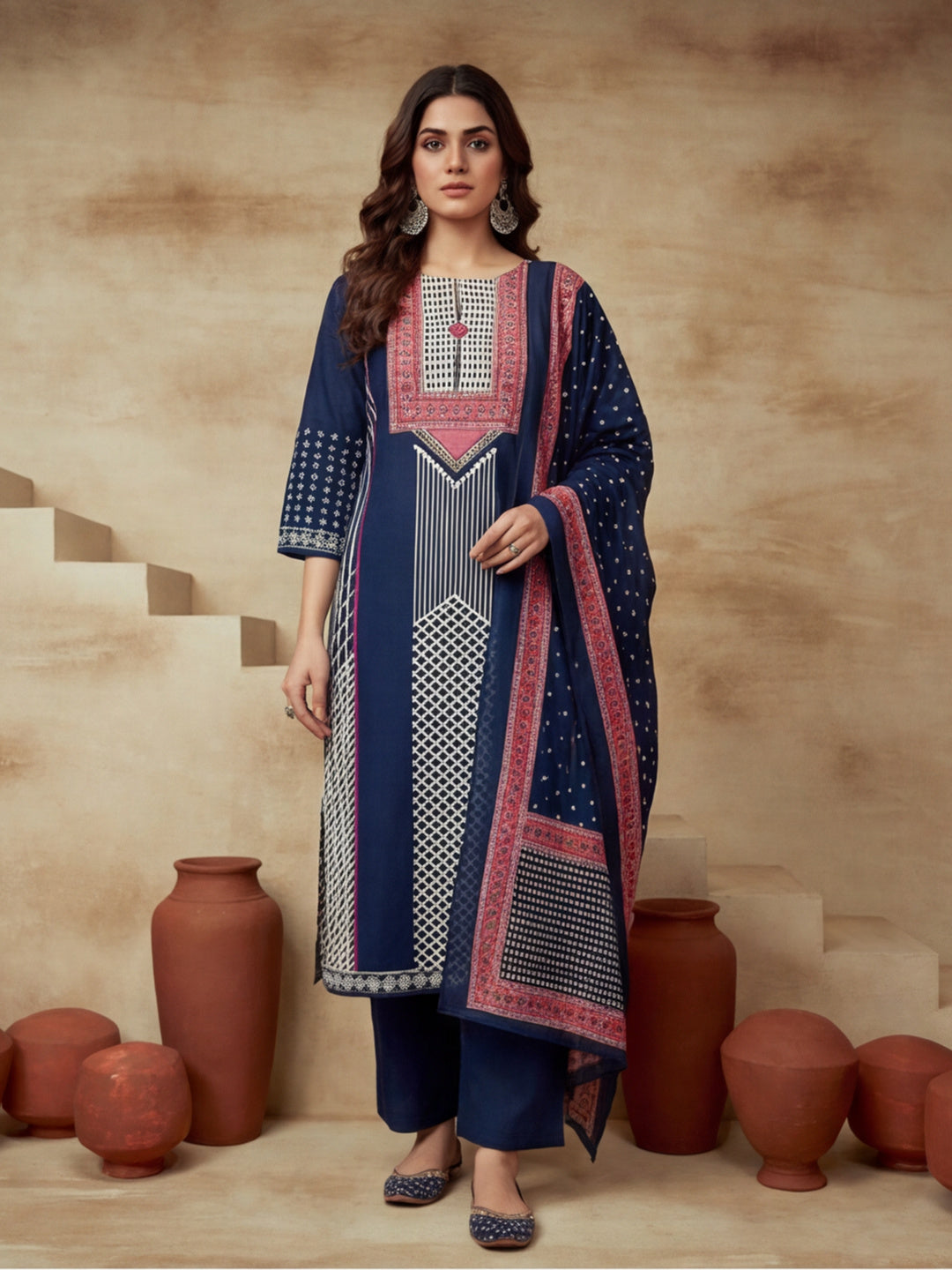 Embroidered Cotton Blend Round Neck Kurta & Trousers With Dupatta