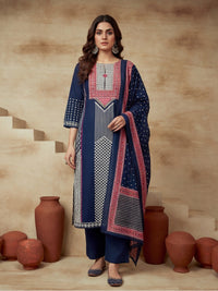 Embroidered Cotton Blend Round Neck Kurta & Trousers With Dupatta