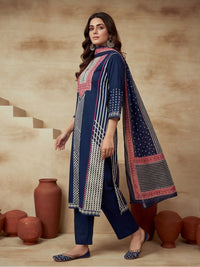 Embroidered Cotton Blend Round Neck Kurta & Trousers With Dupatta