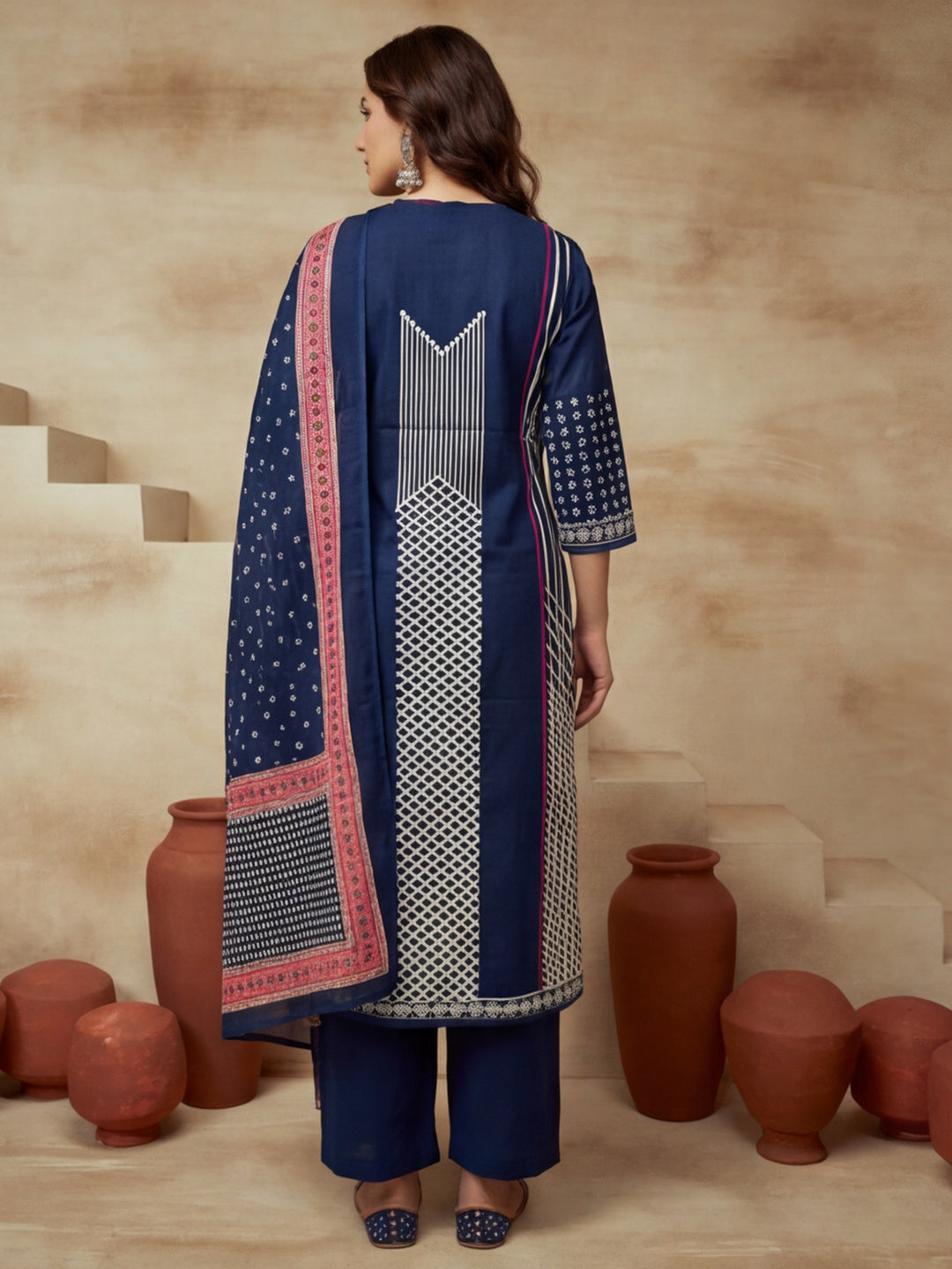 Embroidered Cotton Blend Round Neck Kurta & Trousers With Dupatta