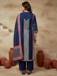 Embroidered Cotton Blend Round Neck Kurta & Trousers With Dupatta