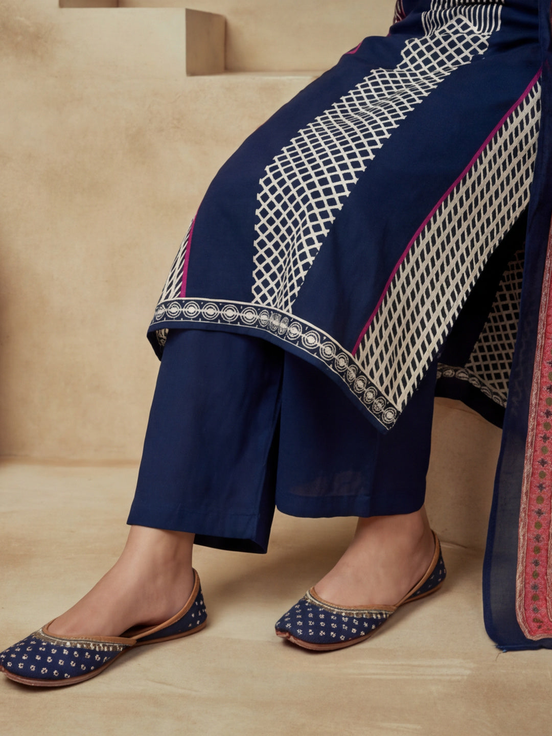 Embroidered Cotton Blend Round Neck Kurta & Trousers With Dupatta