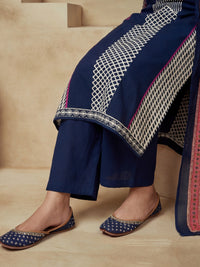 Embroidered Cotton Blend Round Neck Kurta & Trousers With Dupatta