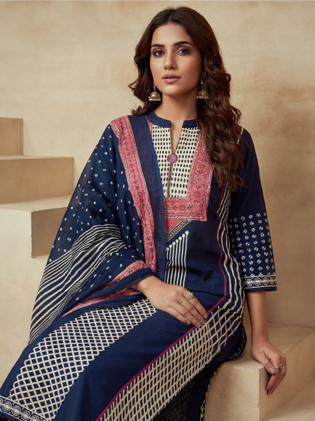 Embroidered Cotton Blend Round Neck Kurta & Trousers With Dupatta