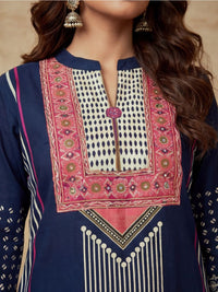 Embroidered Cotton Blend Round Neck Kurta & Trousers With Dupatta