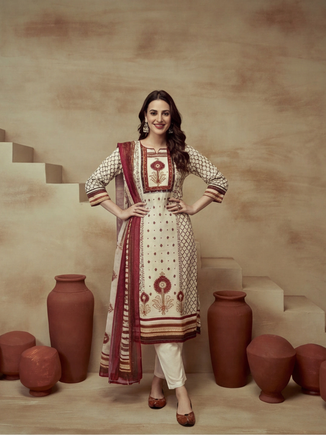 Embroidered Cotton Blend Keyhole Neck Kurta & Trousers With Dupatta
