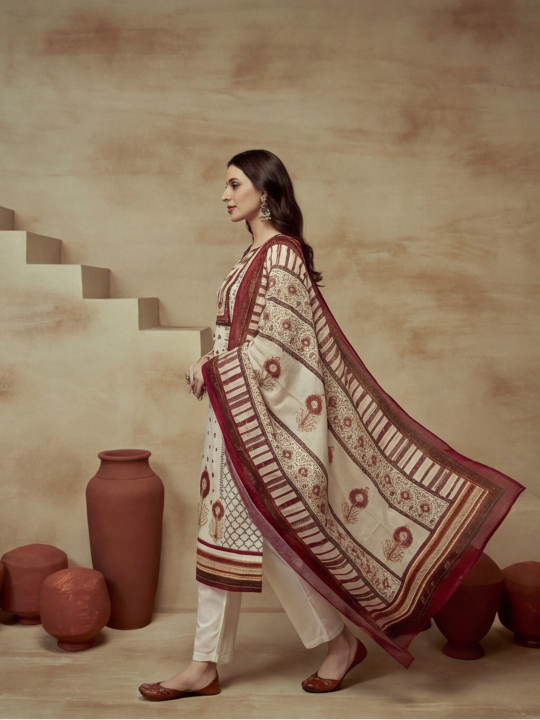 Embroidered Cotton Blend Keyhole Neck Kurta & Trousers With Dupatta