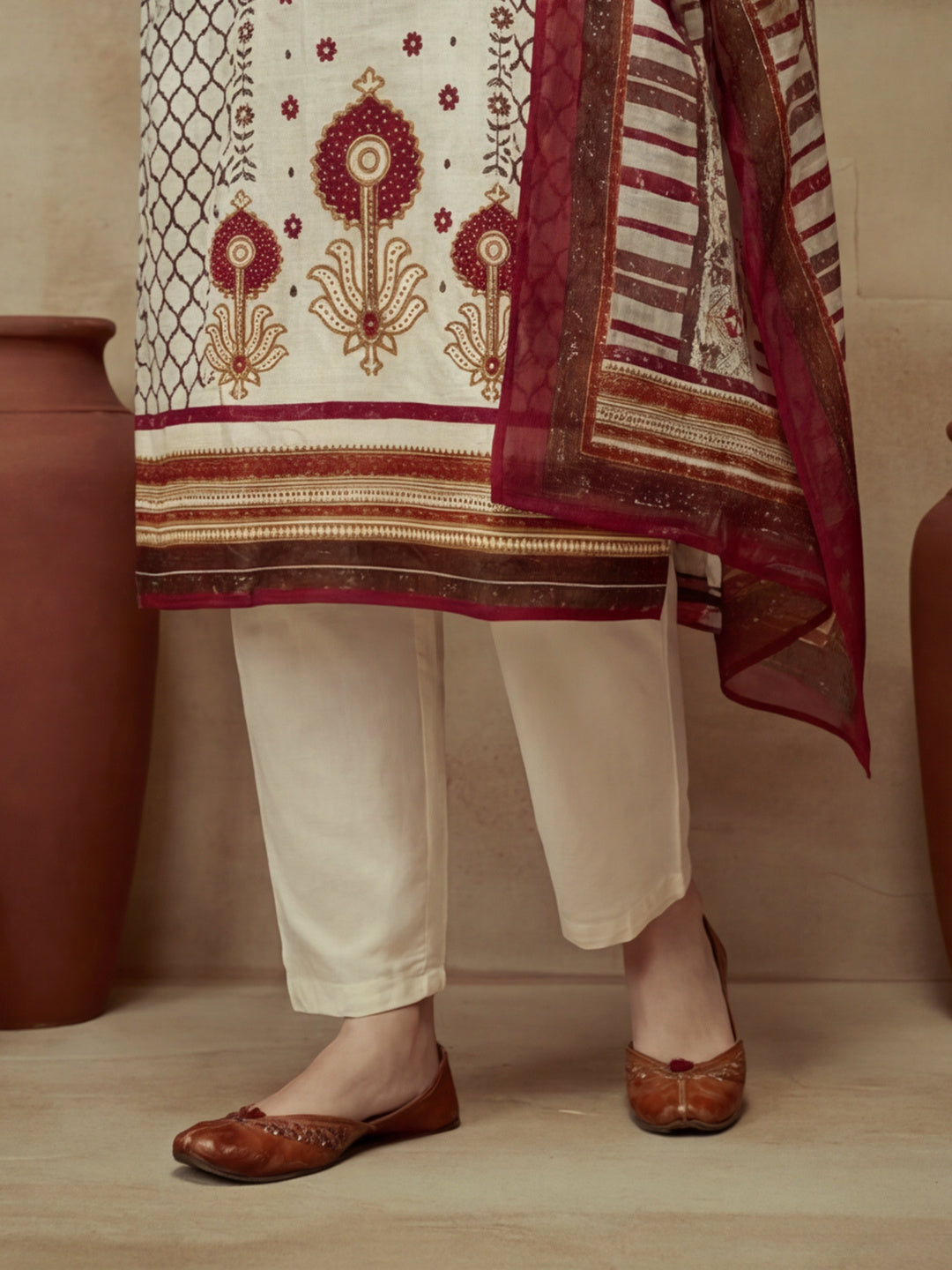 Embroidered Cotton Blend Keyhole Neck Kurta & Trousers With Dupatta