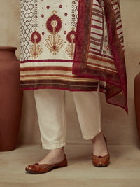 Embroidered Cotton Blend Keyhole Neck Kurta & Trousers With Dupatta