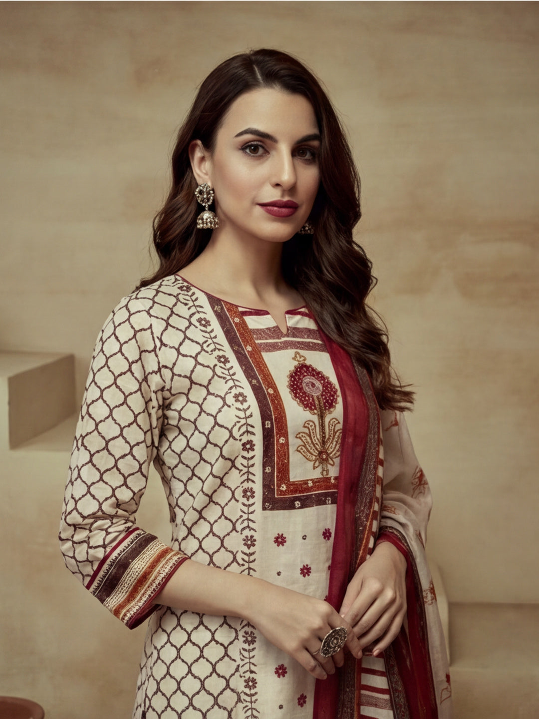 Embroidered Cotton Blend Keyhole Neck Kurta & Trousers With Dupatta