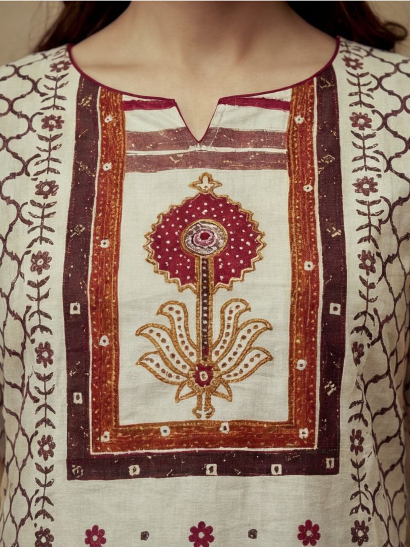 Embroidered Cotton Blend Keyhole Neck Kurta & Trousers With Dupatta