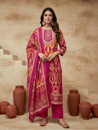 Embroidered Round Neck Kurta & Trousers With Dupatta