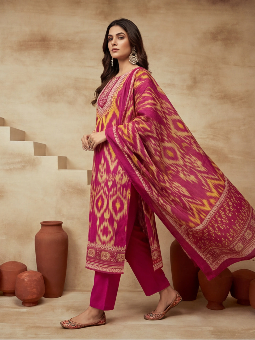 Embroidered Round Neck Kurta & Trousers With Dupatta