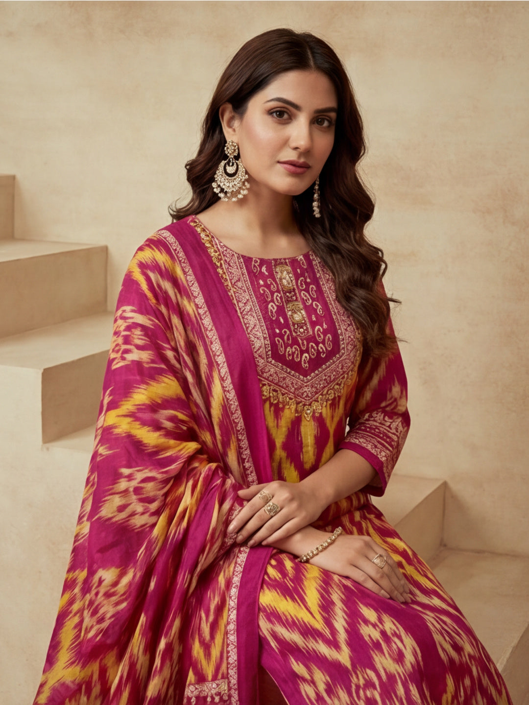 Embroidered Round Neck Kurta & Trousers With Dupatta