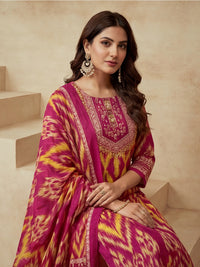 Embroidered Round Neck Kurta & Trousers With Dupatta