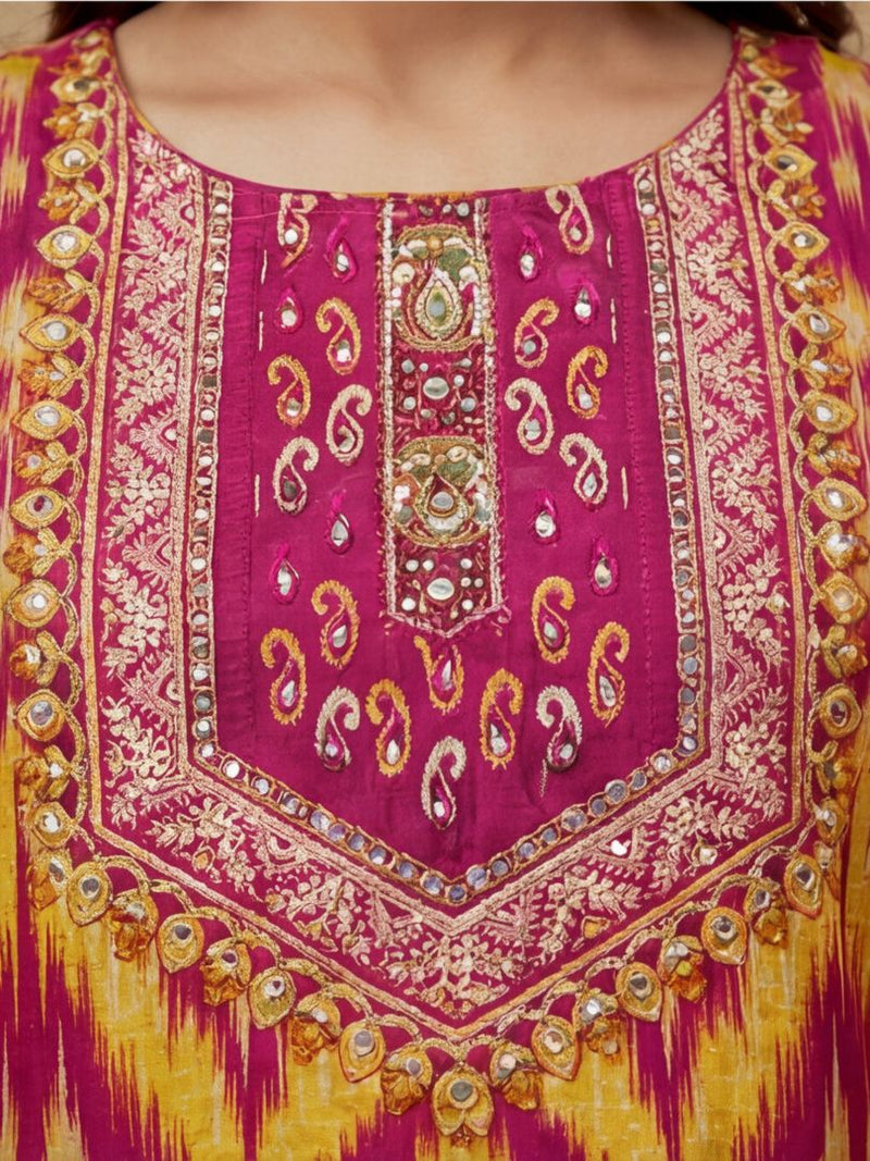 Embroidered Round Neck Kurta & Trousers With Dupatta