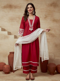 Embroidered Cotton Blend V-Neck Kurta & Trousers With Dupatta