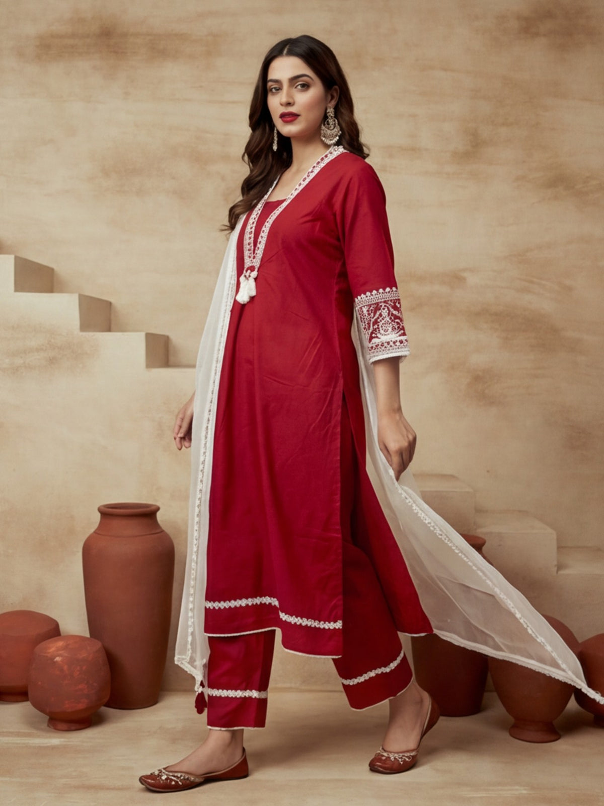 Embroidered Cotton Blend V-Neck Kurta & Trousers With Dupatta