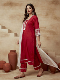 Embroidered Cotton Blend V-Neck Kurta & Trousers With Dupatta