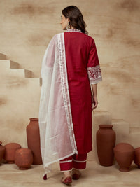 Embroidered Cotton Blend V-Neck Kurta & Trousers With Dupatta