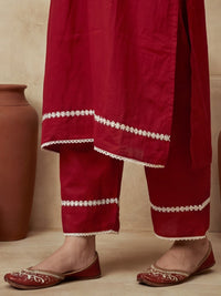 Embroidered Cotton Blend V-Neck Kurta & Trousers With Dupatta
