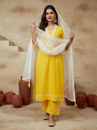 Embroidered V-Neck Kurta & Trousers With Dupatta