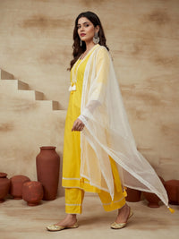 Embroidered V-Neck Kurta & Trousers With Dupatta
