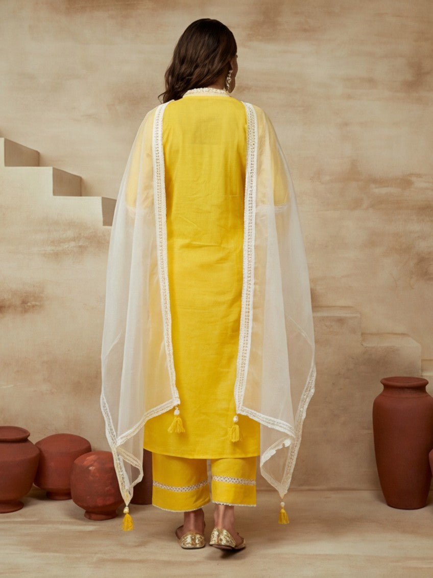 Embroidered V-Neck Kurta & Trousers With Dupatta