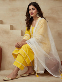 Embroidered V-Neck Kurta & Trousers With Dupatta