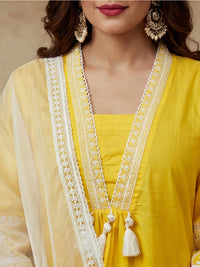 Embroidered V-Neck Kurta & Trousers With Dupatta