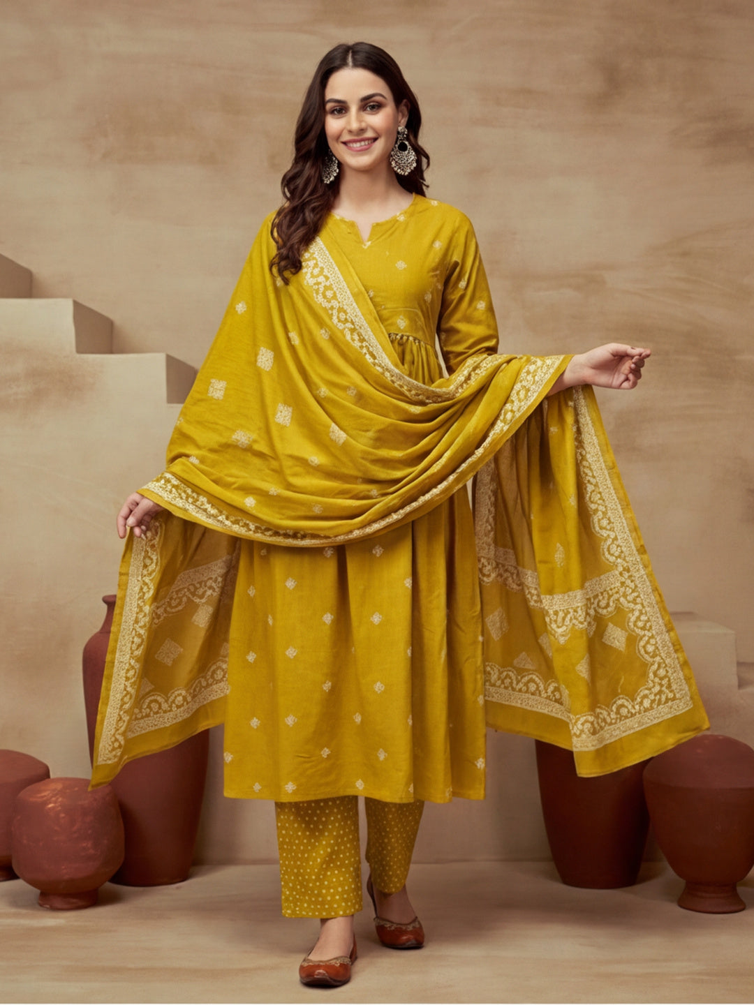 Embroidered Pure Cotton V-Neck Kurta & Trousers With Dupatta