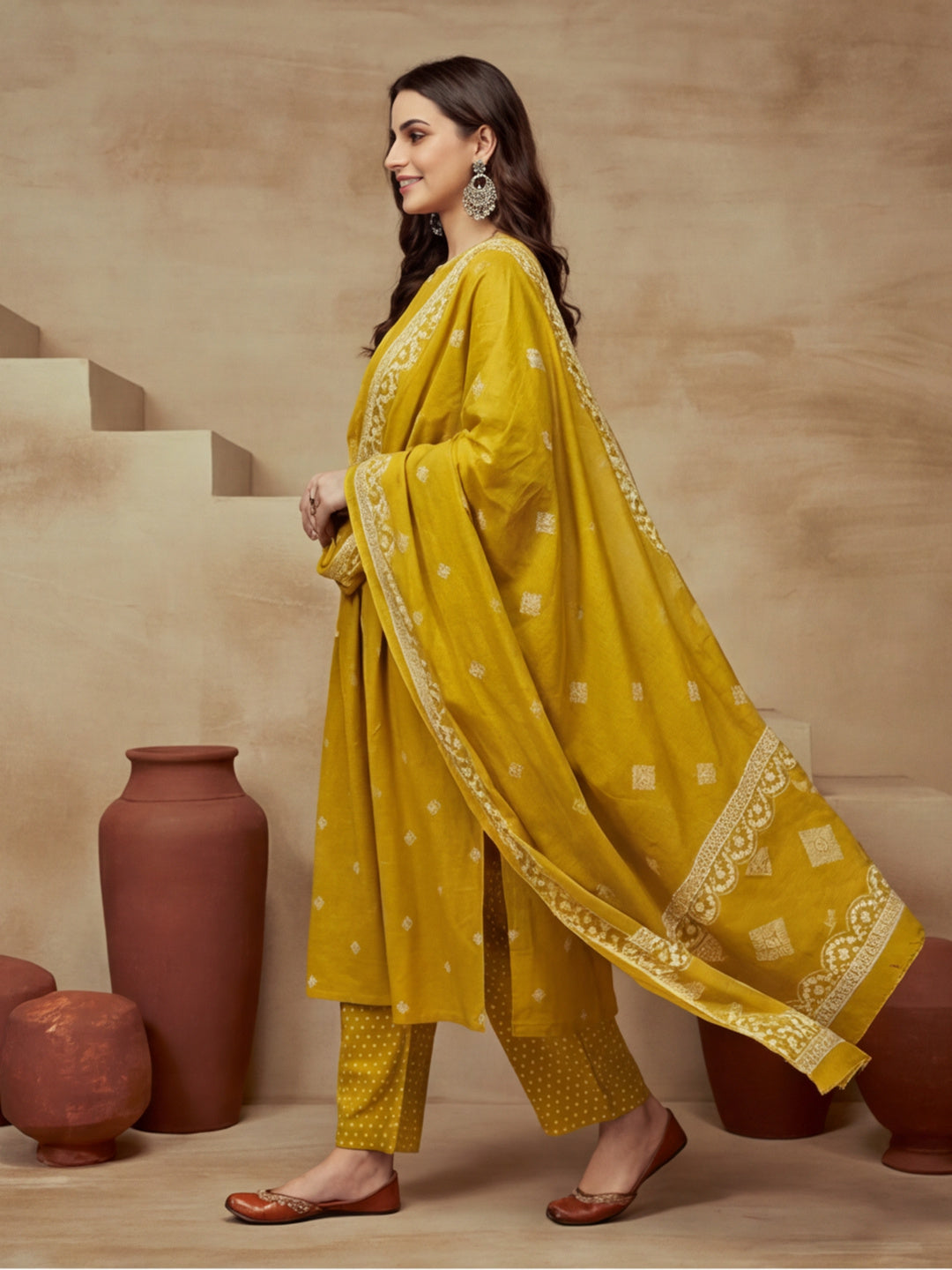 Embroidered Pure Cotton V-Neck Kurta & Trousers With Dupatta
