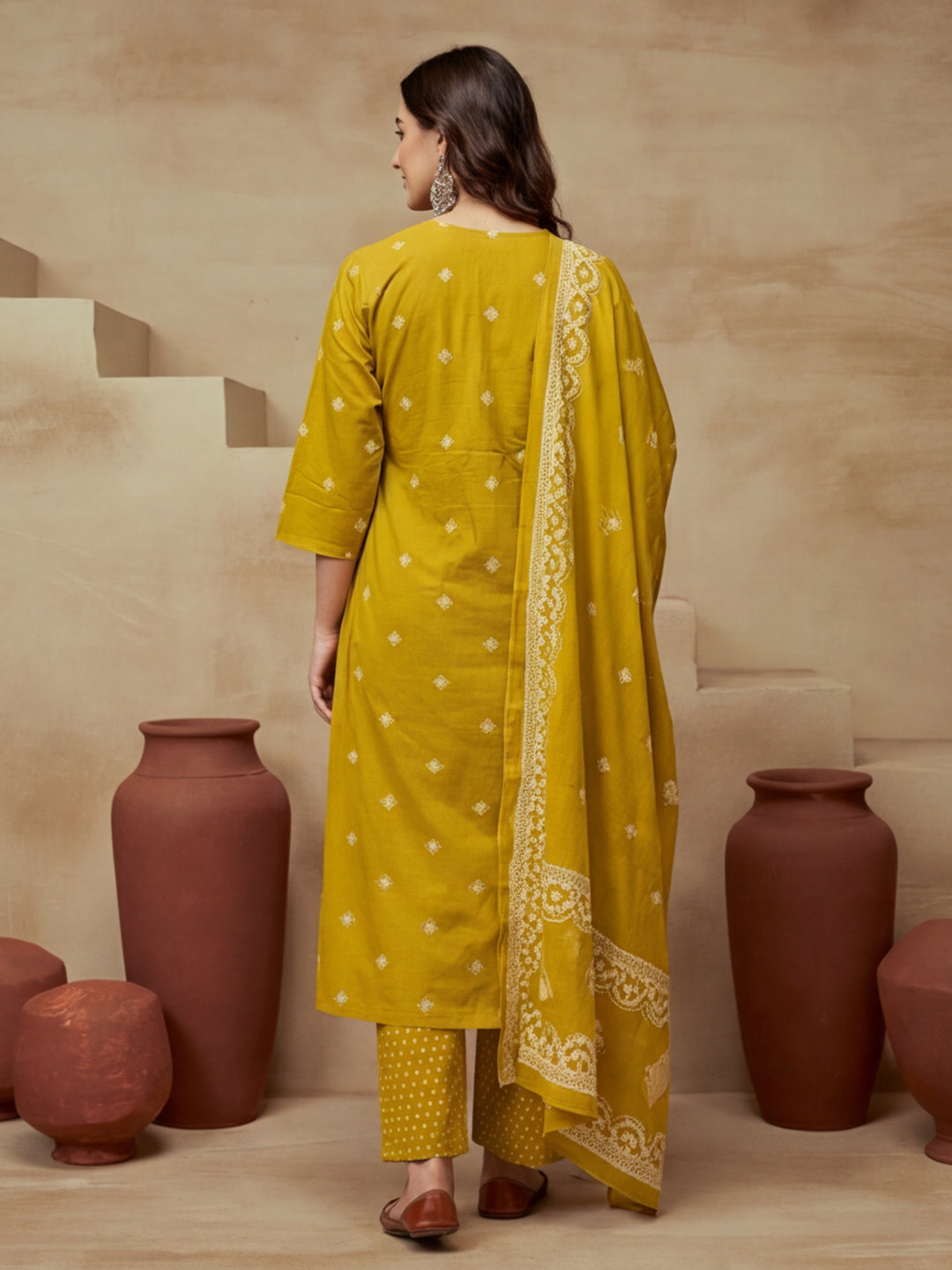 Embroidered Pure Cotton V-Neck Kurta & Trousers With Dupatta