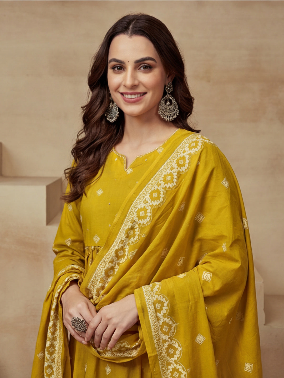 Embroidered Pure Cotton V-Neck Kurta & Trousers With Dupatta
