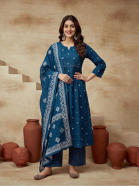 Embroidered Pure Cotton V-Neck Kurta & Trousers With Dupatta