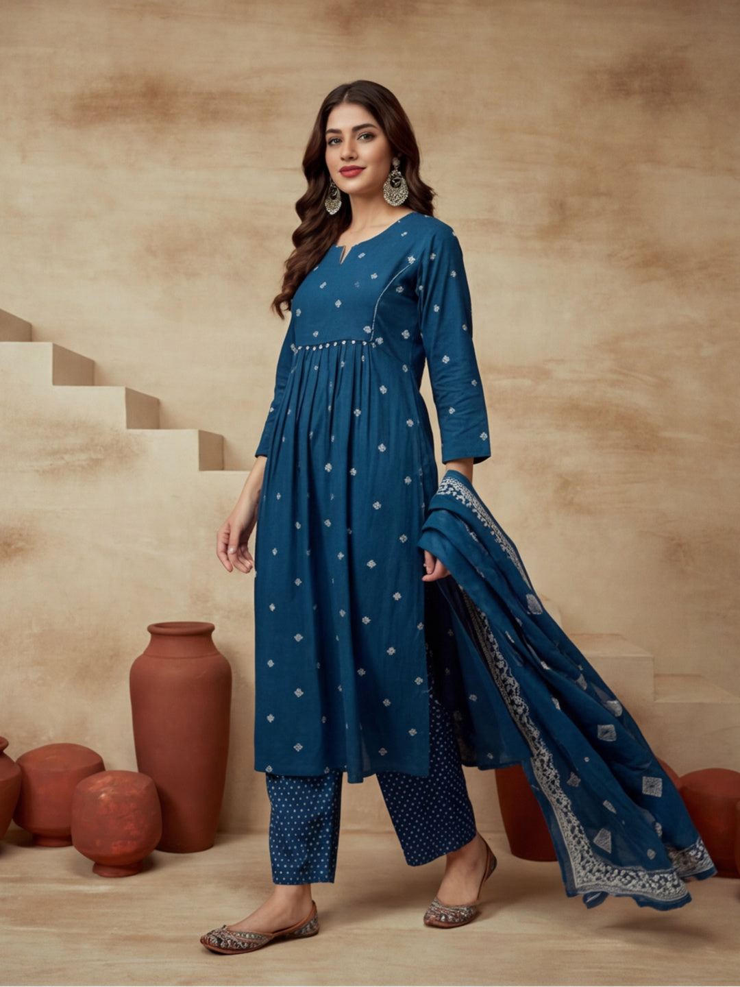 Embroidered Pure Cotton V-Neck Kurta & Trousers With Dupatta