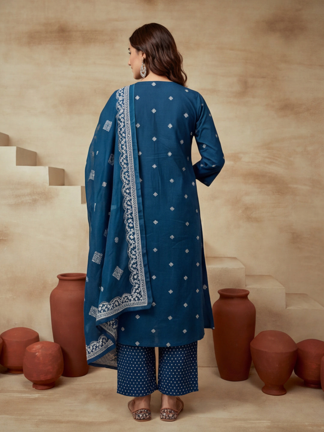 Embroidered Pure Cotton V-Neck Kurta & Trousers With Dupatta