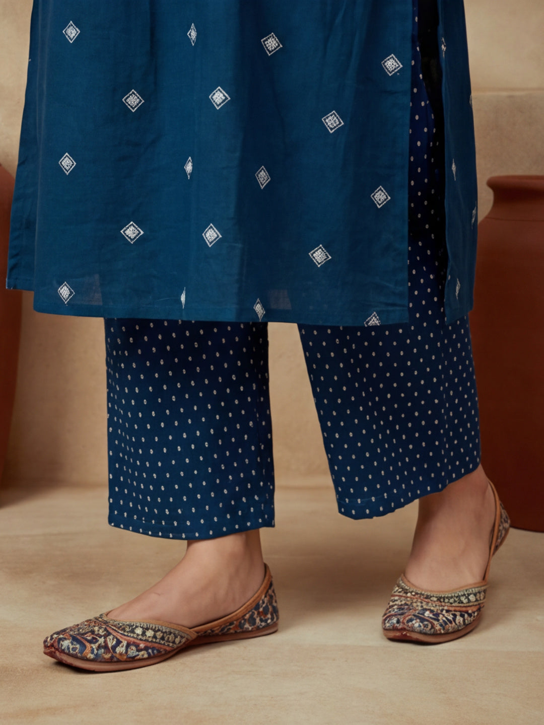 Embroidered Pure Cotton V-Neck Kurta & Trousers With Dupatta