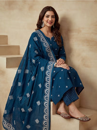 Embroidered Pure Cotton V-Neck Kurta & Trousers With Dupatta