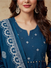 Embroidered Pure Cotton V-Neck Kurta & Trousers With Dupatta