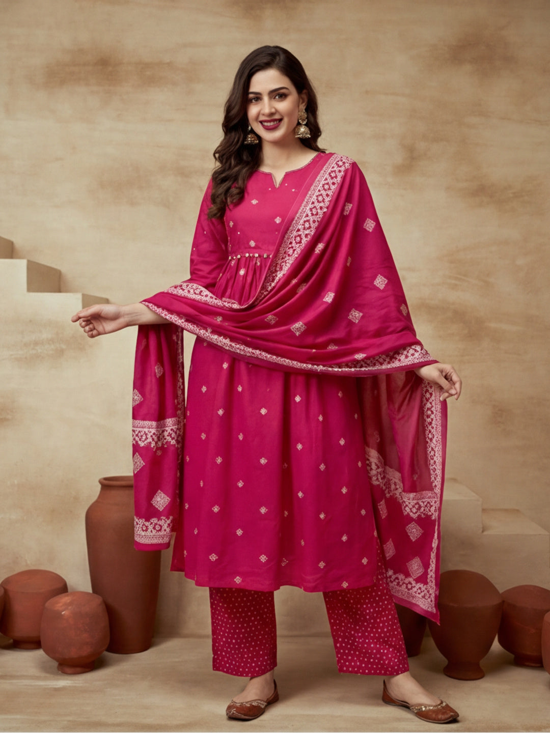 Printed Cotton Keyhole Neck Kurta & Trousers With Dupatta