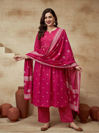 Printed Cotton Keyhole Neck Kurta & Trousers With Dupatta