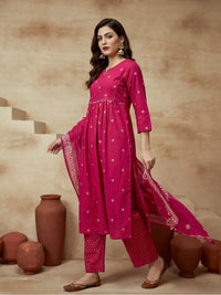 Printed Cotton Keyhole Neck Kurta & Trousers With Dupatta