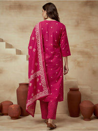 Printed Cotton Keyhole Neck Kurta & Trousers With Dupatta