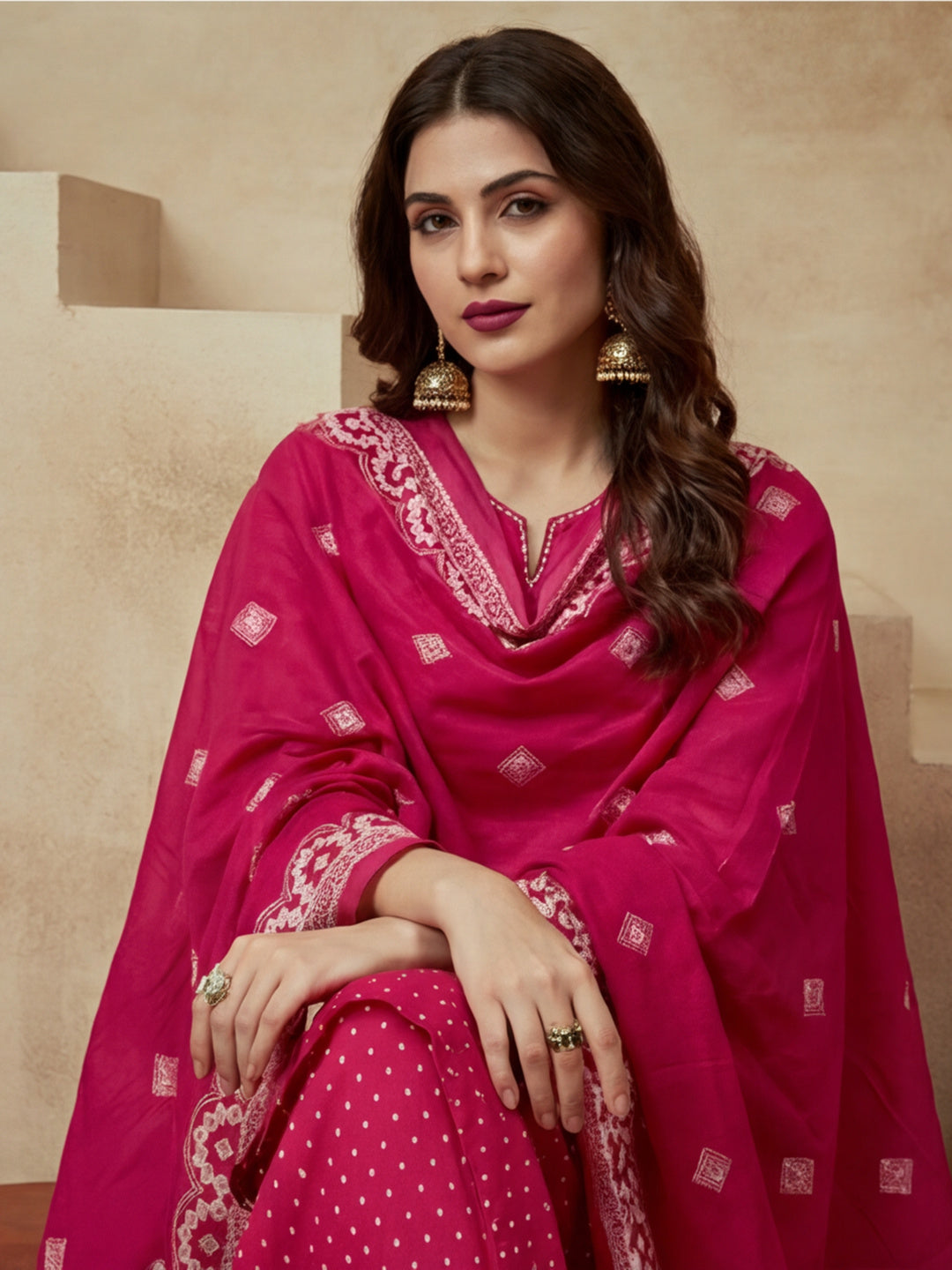 Printed Cotton Keyhole Neck Kurta & Trousers With Dupatta