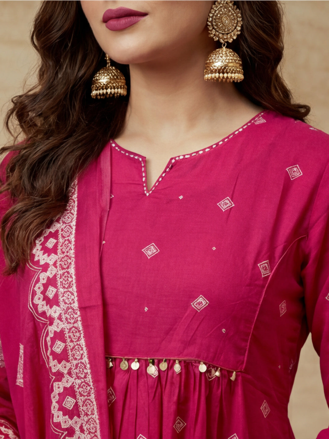 Printed Cotton Keyhole Neck Kurta & Trousers With Dupatta