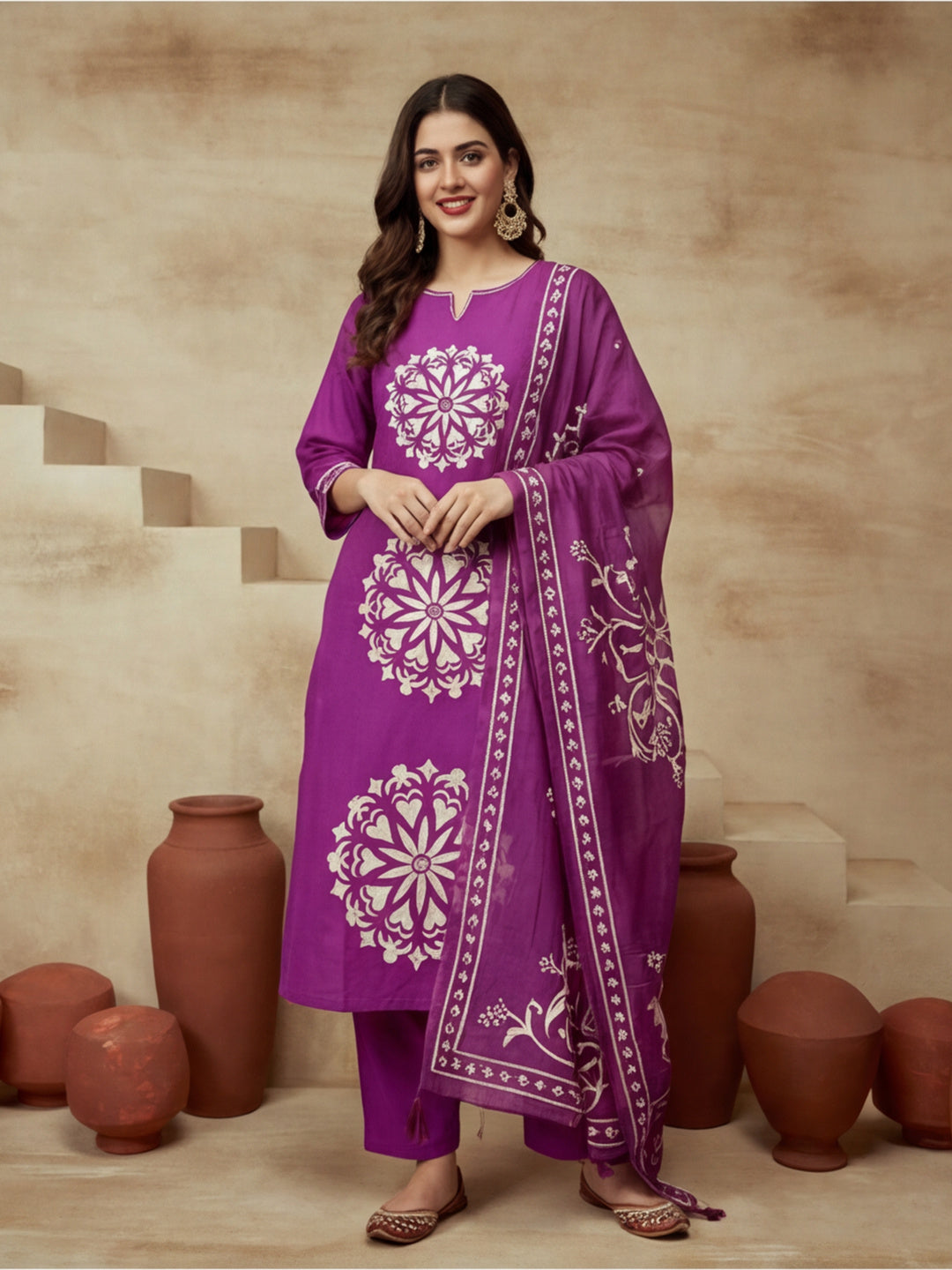 Embroidered Pure Cotton Keyhole Neck Kurta & Trousers With Dupatta